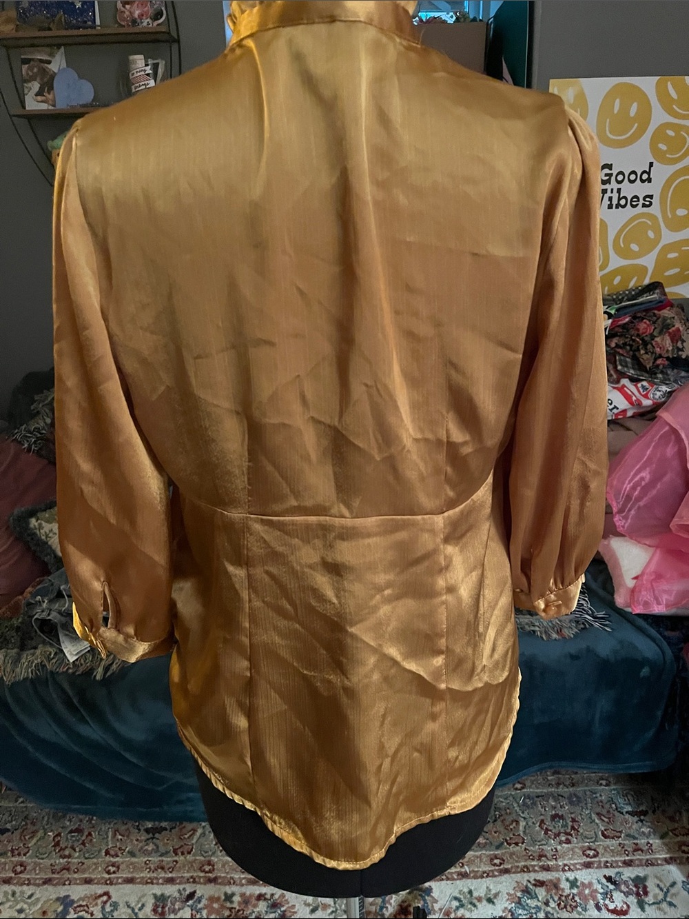 AGB Gold Ruffle V-Neck Button-Front Blouse - Picture 3 of 3